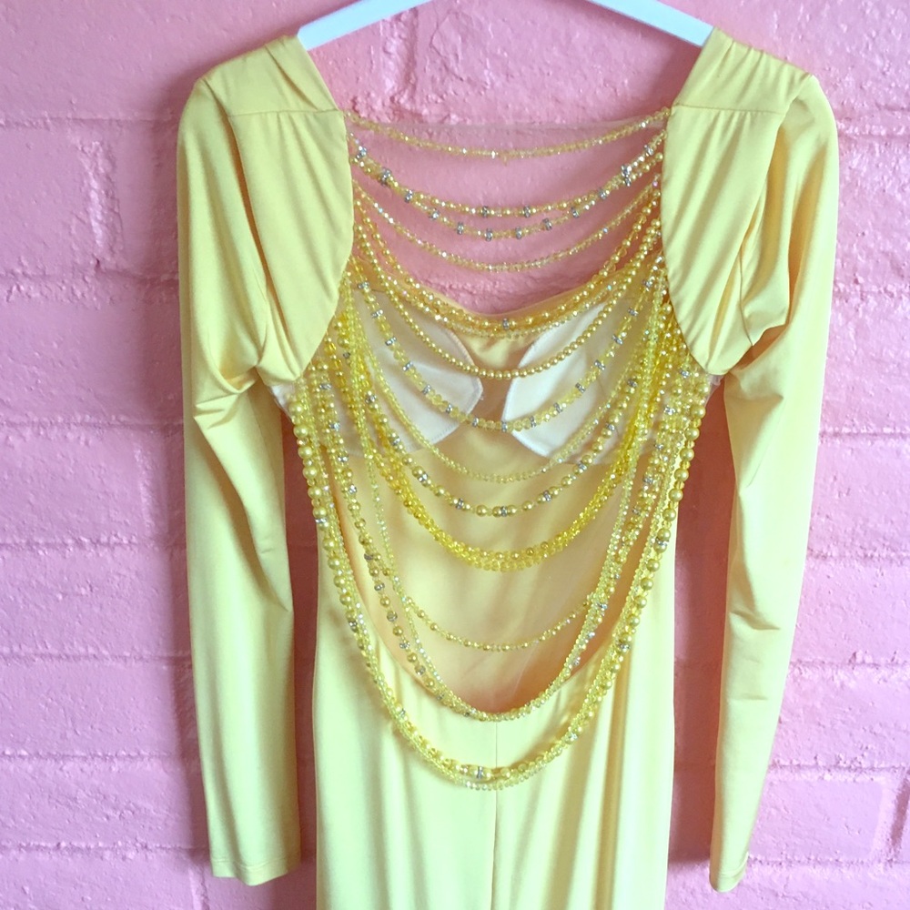 Tarik Ediz Yellow Beaded Back-Detail Prom Dress